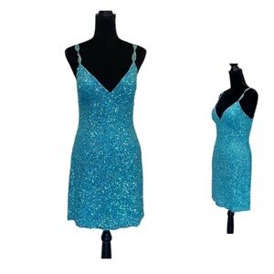 Scala NWT turquoise sequins embellished spaghetti strap formal mini dress medium